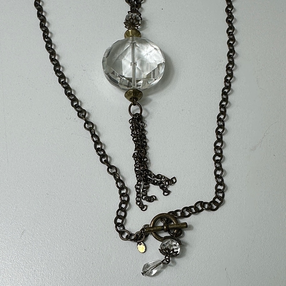 Vintage premier Crystal Pendant Tassel Necklace - Clear and Antique Brass